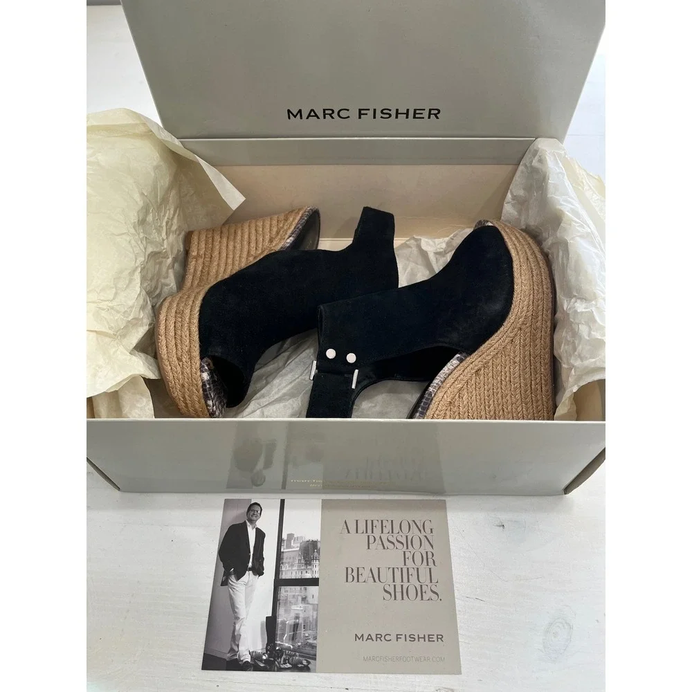 Marc Fisher‎ Black Suede Peep Toe Espadrille Wedge Sandals Size 6.5M